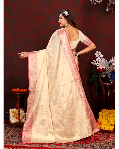 Soft Katan Silk Saree with Exquisite Zari Weaving, Resplendent Pallu, and Silk Weaving Blouse Piece-Beige-3
