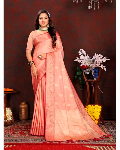 Soft Katan Silk Saree with Exquisite Zari Weaving, Resplendent Pallu, and Silk Weaving Blouse Piece-RMNX-316-Peach