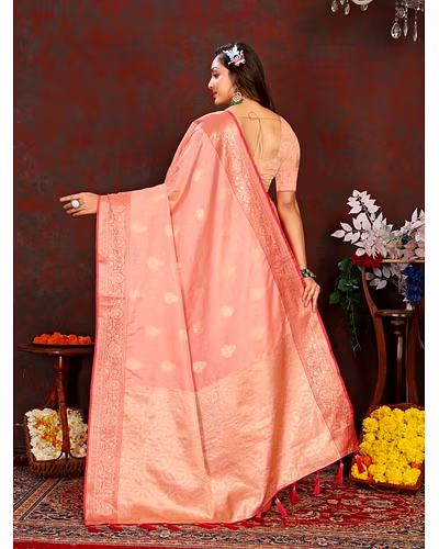 Soft Katan Silk Saree with Exquisite Zari Weaving, Resplendent Pallu, and Silk Weaving Blouse Piece-Peach-2