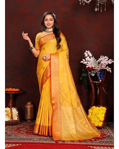 Soft Katan Silk Saree with Exquisite Zari Weaving, Resplendent Pallu, and Silk Weaving Blouse Piece-RMNX-316-Yellow