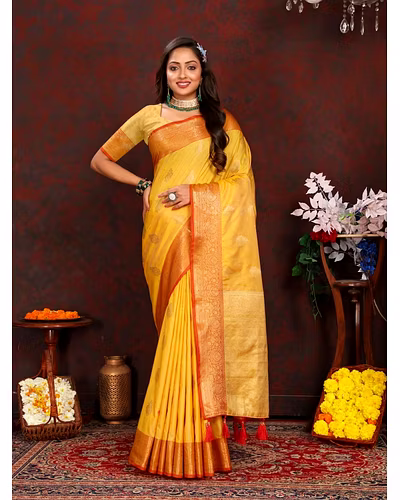 Soft Katan Silk Saree with Exquisite Zari Weaving, Resplendent Pallu, and Silk Weaving Blouse Piece-Yellow-1