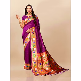 ynf soft paithani silk saree with zari and meenakari weaving, contrast border, and tassels