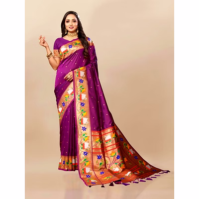 ynf soft paithani silk saree with zari and meenakari weaving, contrast border, and tassels