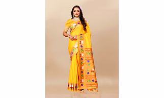 Soft Paithani Silk Saree with Zari and Meenakari Weaving, Contrast Border, and Tassels