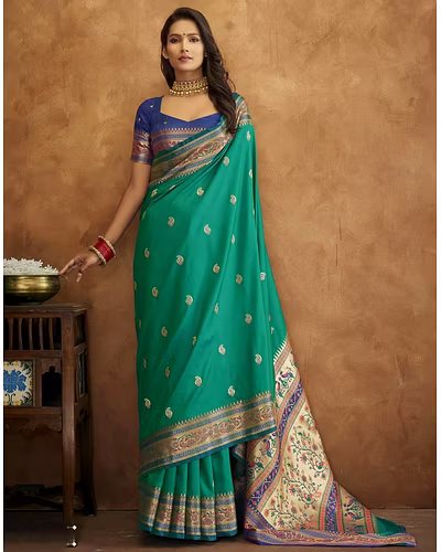 Soft Pethani Silk Saree with Gold Zari Motifs, Rich Pallu &amp; Meenakari Border-Firozi-1
