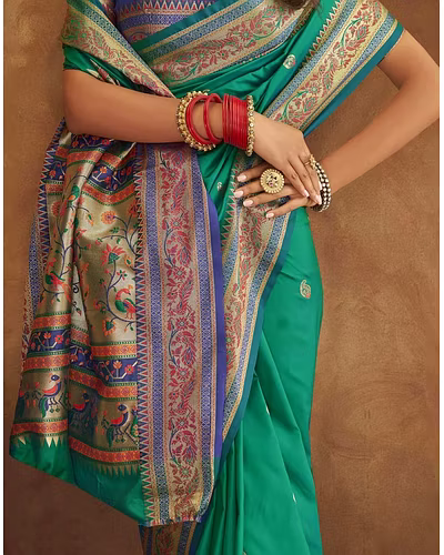 Soft Pethani Silk Saree with Gold Zari Motifs, Rich Pallu &amp; Meenakari Border-Firozi-2