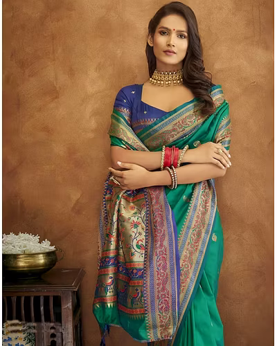 Soft Pethani Silk Saree with Gold Zari Motifs, Rich Pallu &amp; Meenakari Border-Firozi-4