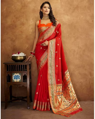 Soft Pethani Silk Saree with Gold Zari Motifs, Rich Pallu &amp; Meenakari Border-Red-1