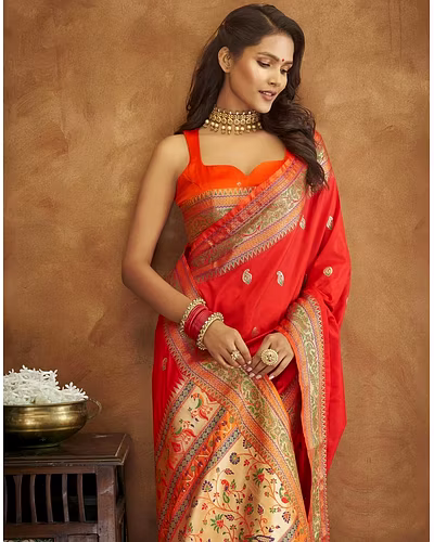 Soft Pethani Silk Saree with Gold Zari Motifs, Rich Pallu &amp; Meenakari Border-Red-2