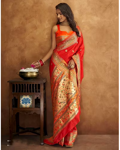 Soft Pethani Silk Saree with Gold Zari Motifs, Rich Pallu &amp; Meenakari Border-Red-5