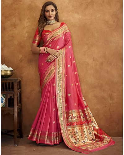Soft Pethani Silk Saree with Gold Zari Motifs, Rich Pallu &amp; Meenakari Border-RMNX-215-Peach