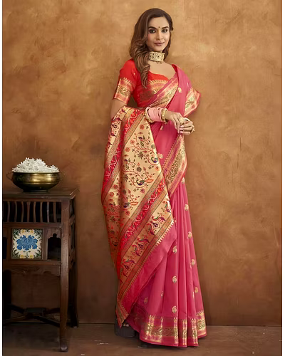 Soft Pethani Silk Saree with Gold Zari Motifs, Rich Pallu &amp; Meenakari Border-Peach-3