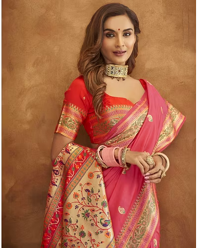 Soft Pethani Silk Saree with Gold Zari Motifs, Rich Pallu &amp; Meenakari Border-Peach-4