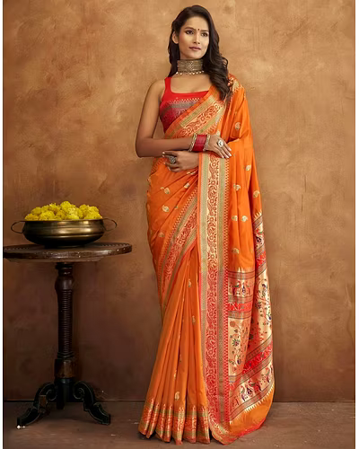 Soft Pethani Silk Saree with Gold Zari Motifs, Rich Pallu &amp; Meenakari Border-RMNX-215-Yellow