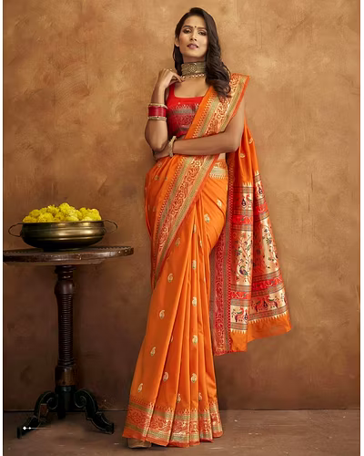 Soft Pethani Silk Saree with Gold Zari Motifs, Rich Pallu &amp; Meenakari Border-Yellow-2