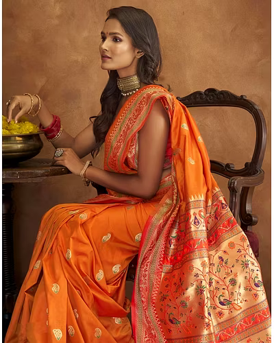 Soft Pethani Silk Saree with Gold Zari Motifs, Rich Pallu &amp; Meenakari Border-Yellow-4