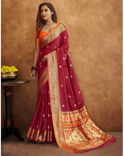 Soft Pethani Silk Saree with Gold Zari Motifs, Rich Pallu &amp; Meenakari Border-RMNX-215-Maroon
