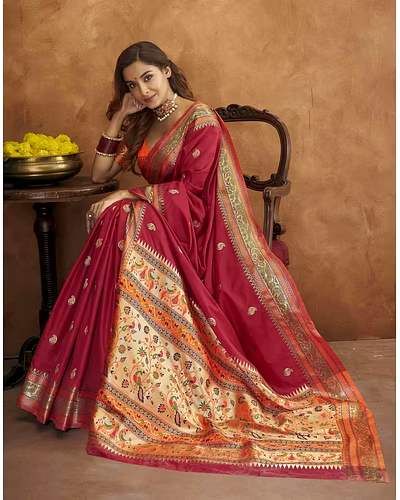 Soft Pethani Silk Saree with Gold Zari Motifs, Rich Pallu &amp; Meenakari Border-Maroon-3
