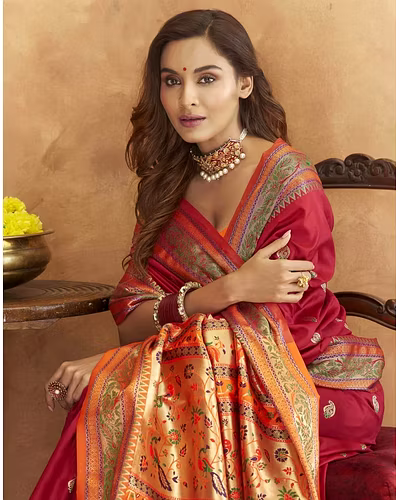 Soft Pethani Silk Saree with Gold Zari Motifs, Rich Pallu &amp; Meenakari Border-Maroon-4