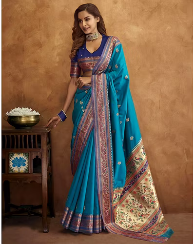 Soft Pethani Silk Saree with Gold Zari Motifs, Rich Pallu &amp; Meenakari Border-RMNX-215-Rama