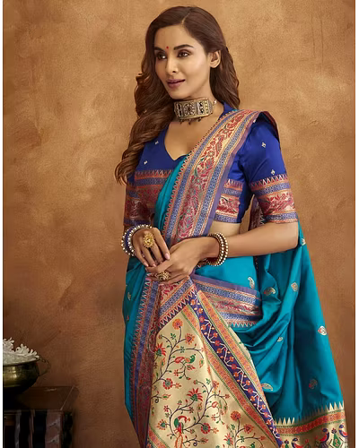 Soft Pethani Silk Saree with Gold Zari Motifs, Rich Pallu &amp; Meenakari Border-Rama-3