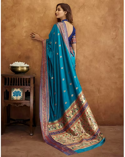 Soft Pethani Silk Saree with Gold Zari Motifs, Rich Pallu &amp; Meenakari Border-Rama-5