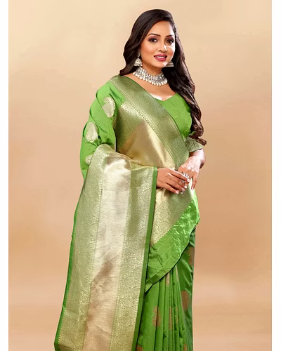 Soft Silk Saree with Rich Zari Weaving Pallu and Border, Silk Weaving Blouse Piece-Pista-1
