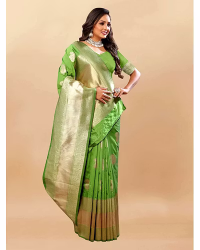Soft Silk Saree with Rich Zari Weaving Pallu and Border, Silk Weaving Blouse Piece-Pista-2