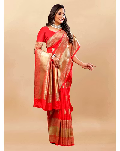 Soft Silk Saree with Rich Zari Weaving Pallu and Border, Silk Weaving Blouse Piece-RMNX-246-Red
