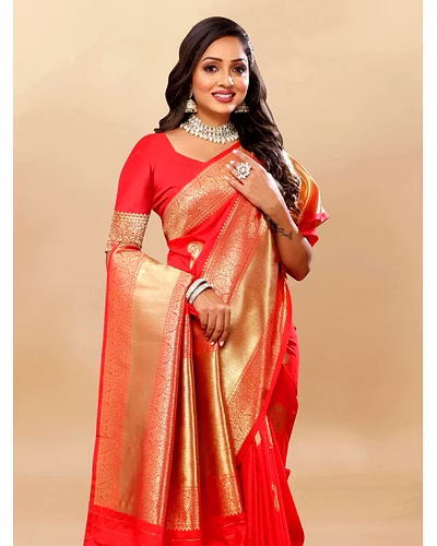 Soft Silk Saree with Rich Zari Weaving Pallu and Border, Silk Weaving Blouse Piece-Red-1