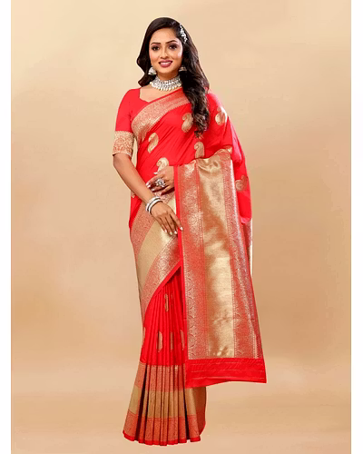 Soft Silk Saree with Rich Zari Weaving Pallu and Border, Silk Weaving Blouse Piece-Red-2
