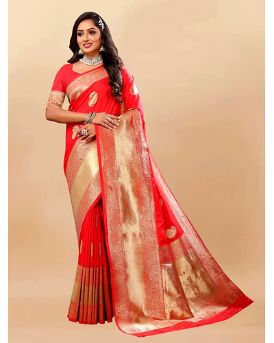 Soft Silk Saree with Rich Zari Weaving Pallu and Border, Silk Weaving Blouse Piece-Red-3