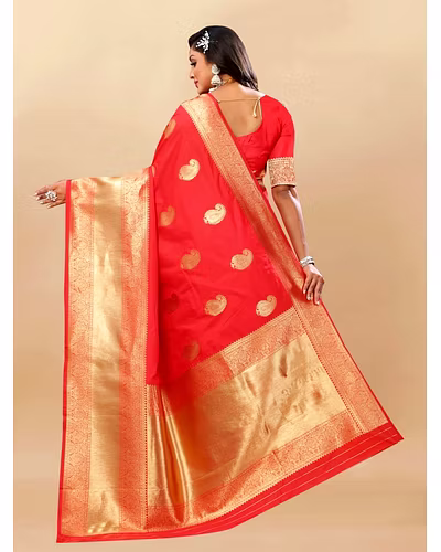 Soft Silk Saree with Rich Zari Weaving Pallu and Border, Silk Weaving Blouse Piece-Red-4