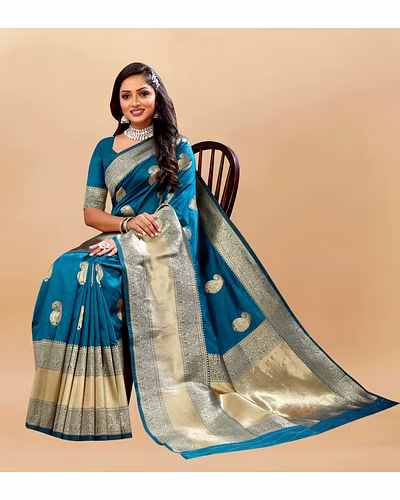 Soft Silk Saree with Rich Zari Weaving Pallu and Border, Silk Weaving Blouse Piece-Rama-1