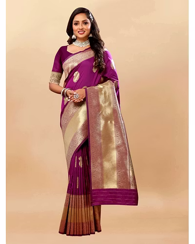 Soft Silk Saree with Rich Zari Weaving Pallu and Border, Silk Weaving Blouse Piece-Wine-1