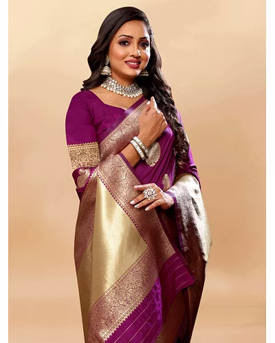 Soft Silk Saree with Rich Zari Weaving Pallu and Border, Silk Weaving Blouse Piece-Wine-2