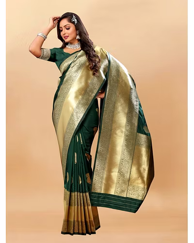 Soft Silk Saree with Rich Zari Weaving Pallu and Border, Silk Weaving Blouse Piece-Green-1