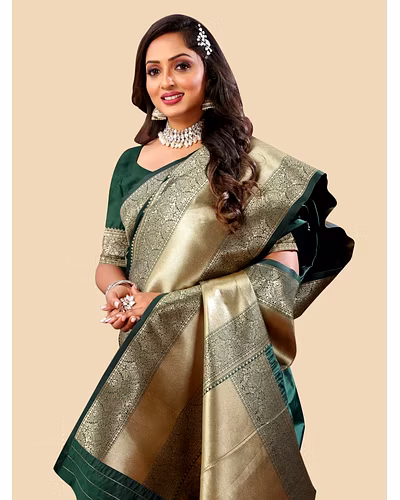 Soft Silk Saree with Rich Zari Weaving Pallu and Border, Silk Weaving Blouse Piece-Green-2