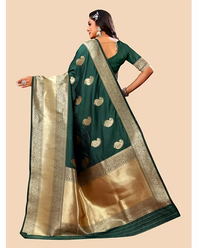 Soft Silk Saree with Rich Zari Weaving Pallu and Border, Silk Weaving Blouse Piece-Green-3