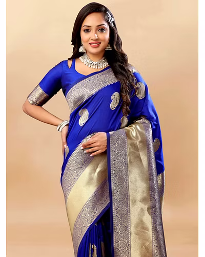 Soft Silk Saree with Rich Zari Weaving Pallu and Border, Silk Weaving Blouse Piece-Blue-1