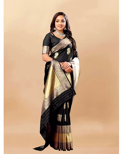 Soft Silk Saree with Rich Zari Weaving Pallu and Border, Silk Weaving Blouse Piece-RMNX-246-Black