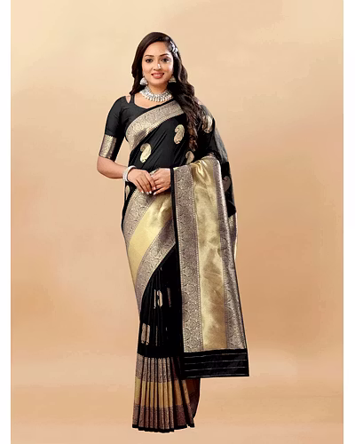 Soft Silk Saree with Rich Zari Weaving Pallu and Border, Silk Weaving Blouse Piece-Black-1