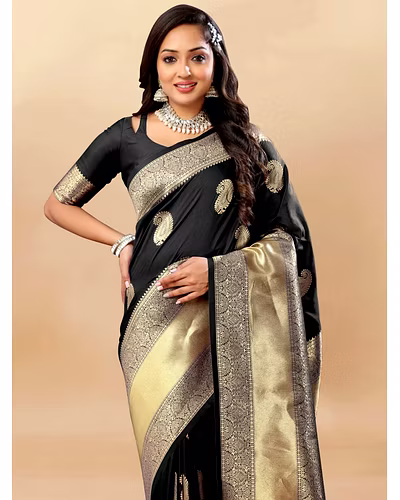 Soft Silk Saree with Rich Zari Weaving Pallu and Border, Silk Weaving Blouse Piece-Black-2