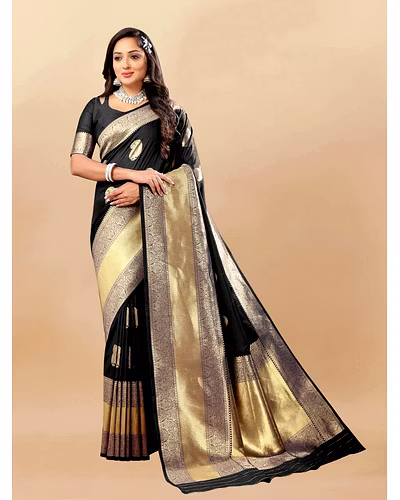 Soft Silk Saree with Rich Zari Weaving Pallu and Border, Silk Weaving Blouse Piece-Black-3