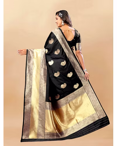 Soft Silk Saree with Rich Zari Weaving Pallu and Border, Silk Weaving Blouse Piece-Black-4