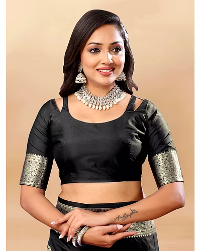 Soft Silk Saree with Rich Zari Weaving Pallu and Border, Silk Weaving Blouse Piece-Black-5