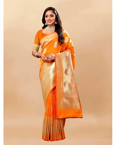 Soft Silk Saree with Rich Zari Weaving Pallu and Border, Silk Weaving Blouse Piece-RMNX-246-Orange