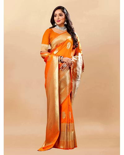 Soft Silk Saree with Rich Zari Weaving Pallu and Border, Silk Weaving Blouse Piece-Orange-1