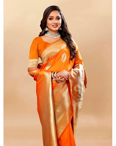 Soft Silk Saree with Rich Zari Weaving Pallu and Border, Silk Weaving Blouse Piece-Orange-2