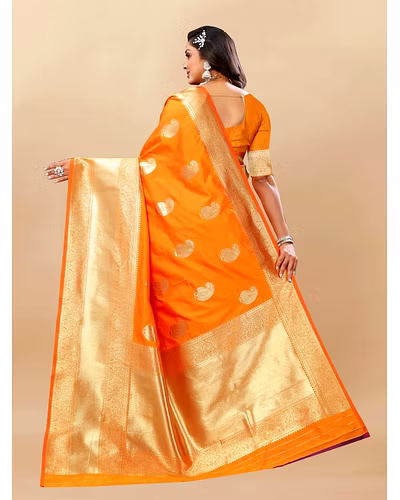 Soft Silk Saree with Rich Zari Weaving Pallu and Border, Silk Weaving Blouse Piece-Orange-3